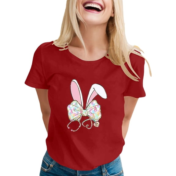 DHFJKG Womens Easter Bunny T Shirt Short Sleeve Round Neck Printed Top Comfortable Daily Wear Loose Fit Festival Trendy Tops