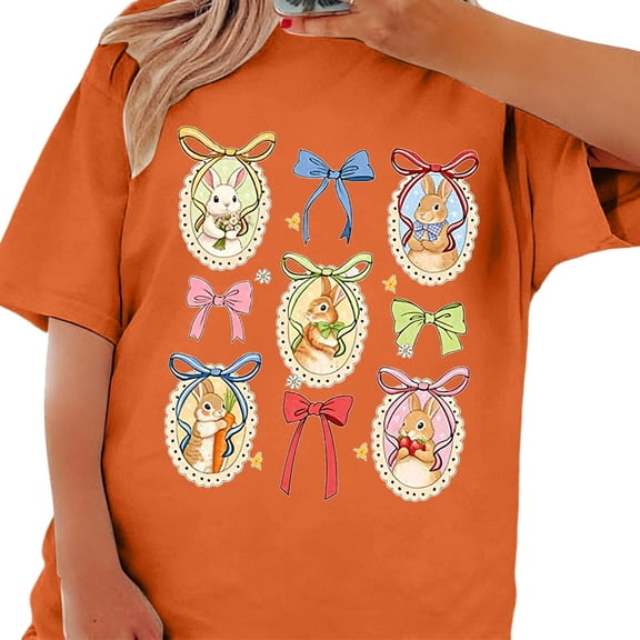 DHFJKG Womens Easter Graphic Tee Short Sleeve Cute Rabbit Print Casual Crew Neck T Shirt Loose Fit Summer Tshirts Versatile Tops
