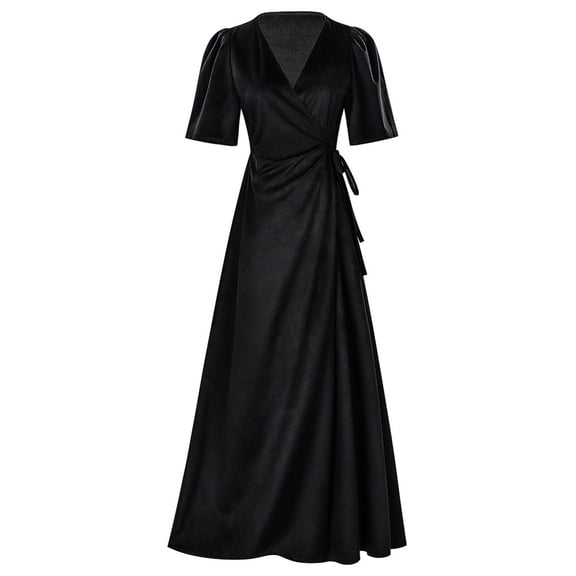 DHFJKG Womens Elegant Long Dress Short Sleeve Wrap V Neck Slim Fit Maxi Evening Gown For Banquet Party Trendy Dresses