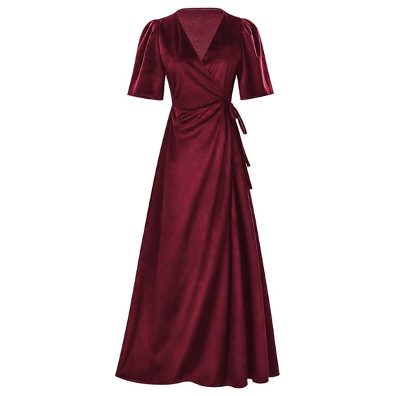 DHFJKG Womens Elegant Long Dress Short Sleeve Wrap V Neck Slim Fit Maxi Evening Gown For Banquet Party Trendy Dresses