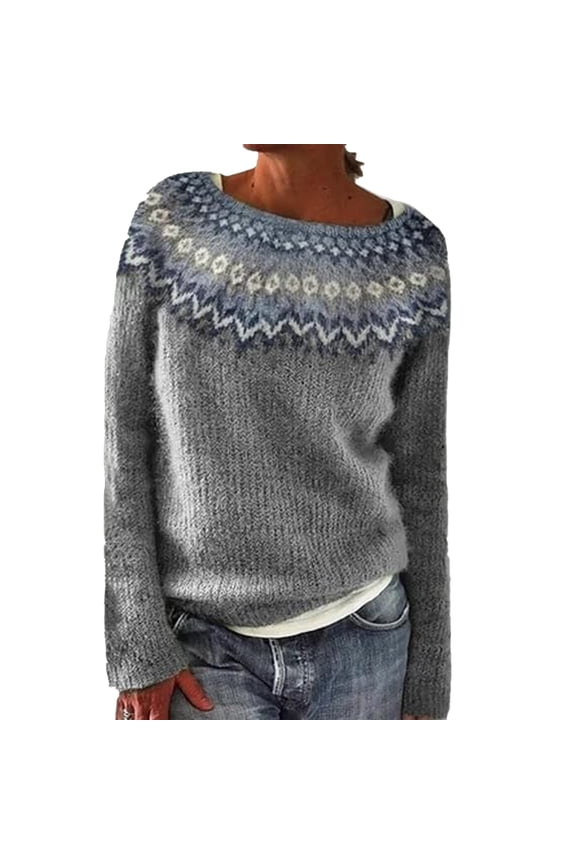 Womens Fair Isle Sweaters Retro Winter Fall Casual Loose Fit Long Sleeve Crewneck Knitted Sweater Pullover Vintage Versatile Jumper Tops