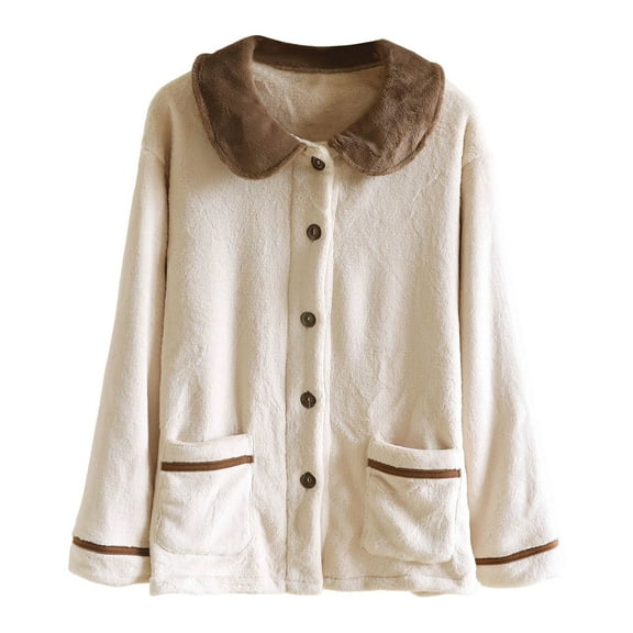 DHFJKG Womens Flannel Pajamas Button Up Top Coat With Peter Pan Collar Long Sleeve Fuzzy Sleepwear With Pockets For Cold Weather Classic Homewear