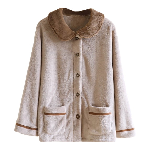 DHFJKG Womens Flannel Pajamas Button Up Top Coat With Peter Pan Collar Long Sleeve Fuzzy Sleepwear With Pockets For Cold Weather Versatile Homewear