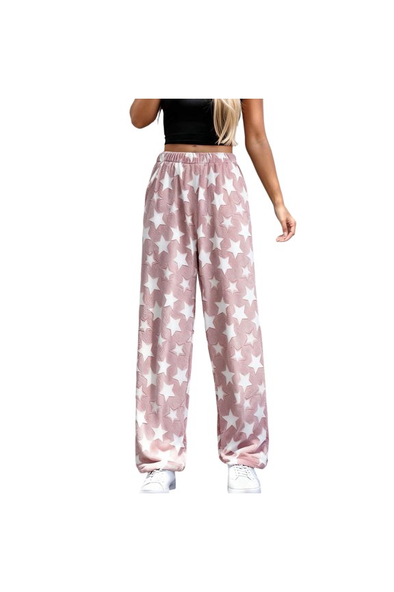 Womens Flannel Pajamas Pants Fluffly Shaggy Star Pattern Sleep Pants Winter Warm Pj Bottoms Loose Fit Elastic Waist Casual Trousers