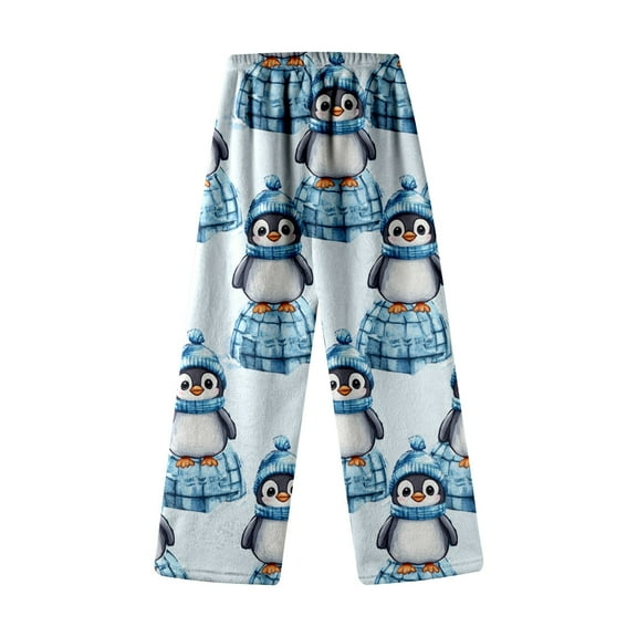 DHFJKG Womens Fluffy Pajama Pants Fuzzy Cartoon Penguin Print Sleep Pants Winter Warm Pj Bottoms Loose Fit Elastic Waist Cozy Trousers
