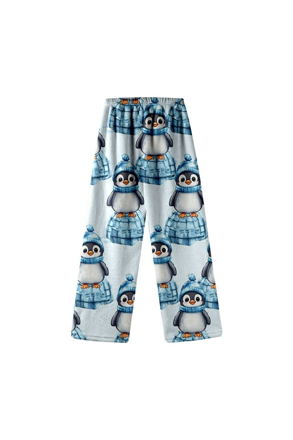 Womens Fluffy Pajama Pants Fuzzy Cartoon Penguin Print Sleep Pants Winter Warm Pj Bottoms Loose Fit Elastic Waist Cozy Trousers
