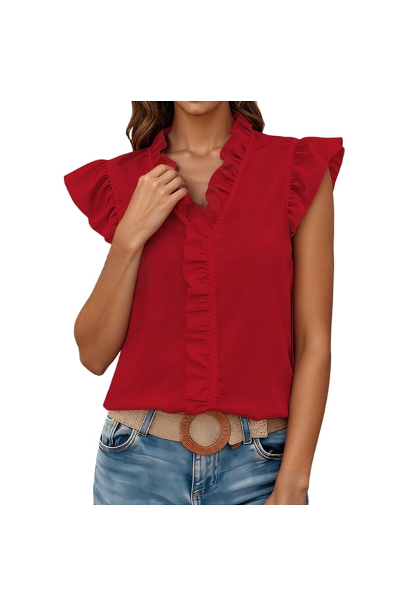 Womens Flutter Sleeve T Shirt Summer V Neck Ruffle Solid Color Basic Tee Casual Dressy Wear Stylish Tops