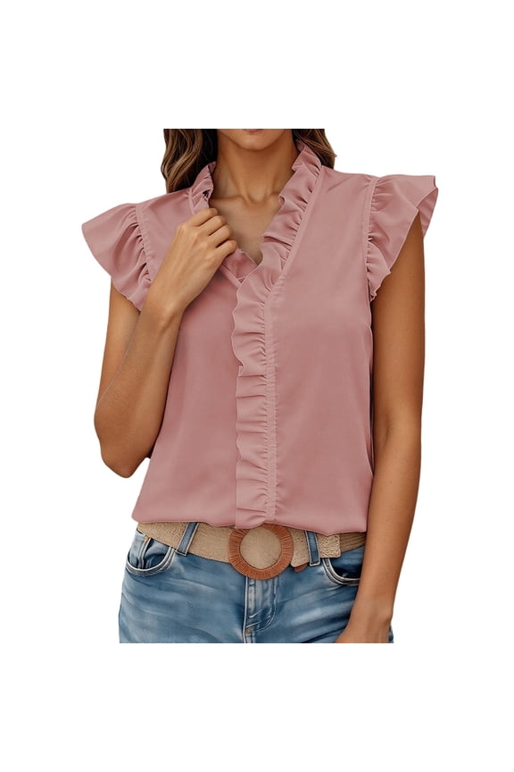 Womens Flutter Sleeve T Shirt Summer V Neck Ruffle Solid Color Basic Tee Casual Dressy Wear Versatile Tops