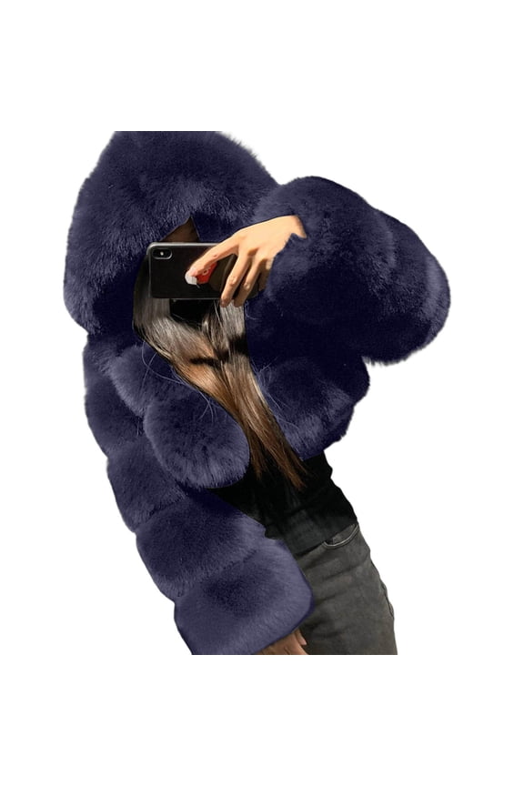 Womens Fur Cropped Coat With Hood Fuzzy Solid Color Long Sleeve Zipper Crop Outerwear For Winter Warmth Soft Leisure Coat
