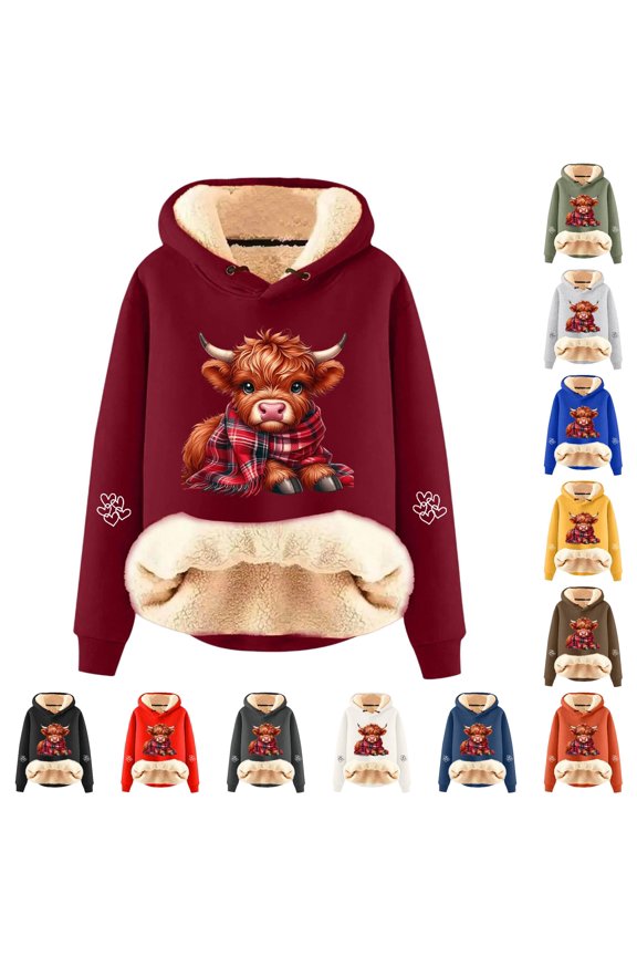 Womens Fuzzy Lining Hoodies Cute Cow Print Thickened Long Sleeve Sweatshirt Fall Winter Drawstring Warm Pullover Tops