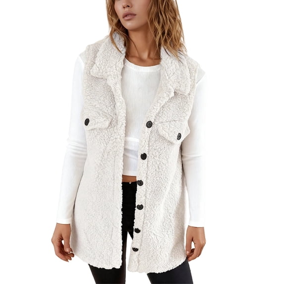 DHFJKG Womens Fuzzy Longline Vest Coat Mediun Length Sleeveless Turndown Collar Button Down Loose Fit Jacket Casual Commute Fall Winter Comfort Outerwear