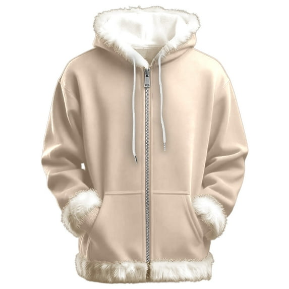 DHFJKG Womens Fuzzy Trim Zip Up Hoodies Sweatshirt With Warm Lining Casual Loose Fit Long Sleeve Winter Insulated Hooded Drawstring Jacket For Everyday Wear Comfort Outerwear