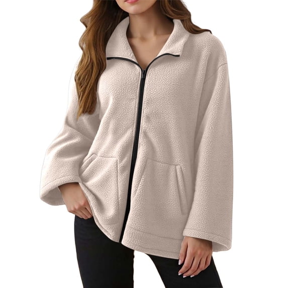DHFJKG Womens Fuzzy Zip Up Jacket Loose Fit Long Sleeve Turndown Collar Casual Coat Warm Loungewear Top With Pockets For Fall Winter Versatile Outerwear