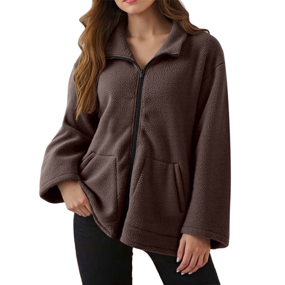 DHFJKG Womens Fuzzy Zip Up Jacket Loose Fit Long Sleeve Turndown Collar Casual Coat Warm Loungewear Top With Pockets For Fall Winter Versatile Outerwear