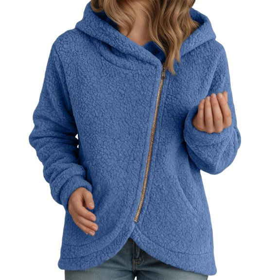 DHFJKG Womens Fuzzy Zip Up Asymmetrical Hoodie Jacket Irregular Hem Solid Color Long Sleeve Casual Hooded Coat For Fall Winter Classic Outerwear
