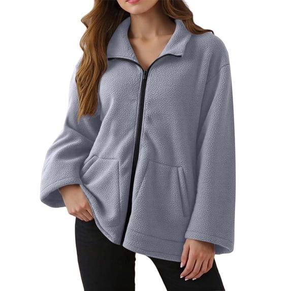 DHFJKG Womens Fuzzy Zip Up Jacket Loose Fit Long Sleeve Turndown Collar Casual Coat Warm Loungewear Top With Pockets For Fall Winter Soft Outerwear