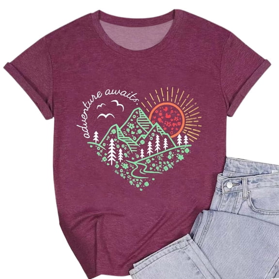 DHFJKG Womens Graphic Short Sleeve T Shirt Sunrise Print Crew Neck Loose Fit Summer Tee Comfortable Daily Wear Versatile Tops