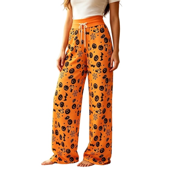 DHFJKG Womens Halloween Pajamas Pants Pumpkin Print Wide Leg Drawstring Waist Palazzo Loungewear Pants