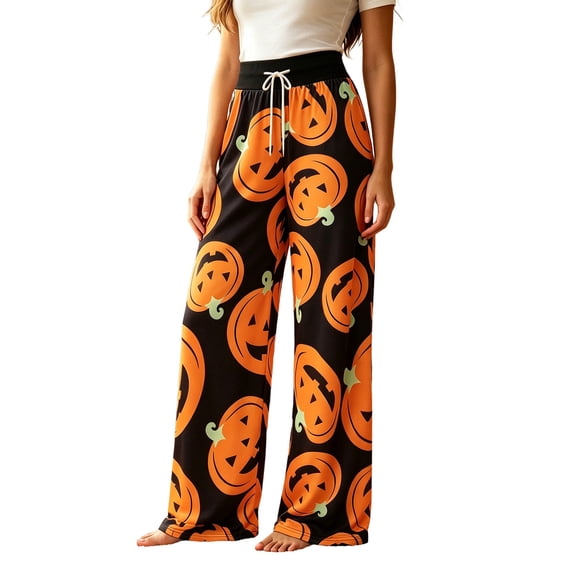 DHFJKG Womens Halloween Pajamas Pants Pumpkin Print Wide Leg Drawstring Waist Palazzo Loungewear Pants