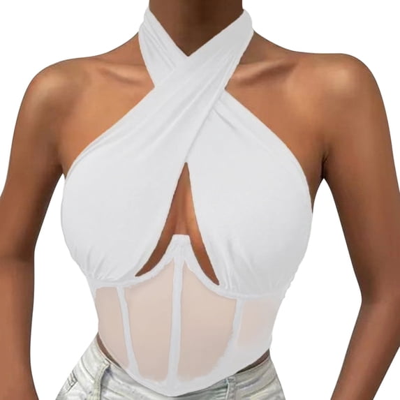 DHFJKG Womens Halter Camisole Sexy Hollow Out Sleeveless Fishbone Corset Cropped Tank Top Mesh Sheer Nightclub Wear Stylish Tops