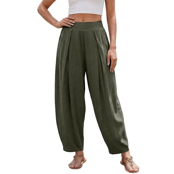 DHFJKG Womens Harem Pants Summer Casual Loose Fit Mid Rise Pleated Solid Color Tapered Pants With Pockets Lightweight Linen Soft Leisure Trousers