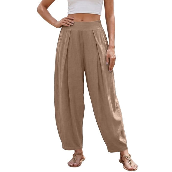 DHFJKG Womens Harem Pants Summer Casual Loose Fit Mid Rise Pleated Solid Color Tapered Pants With Pockets Lightweight Linen Soft Leisure Trousers