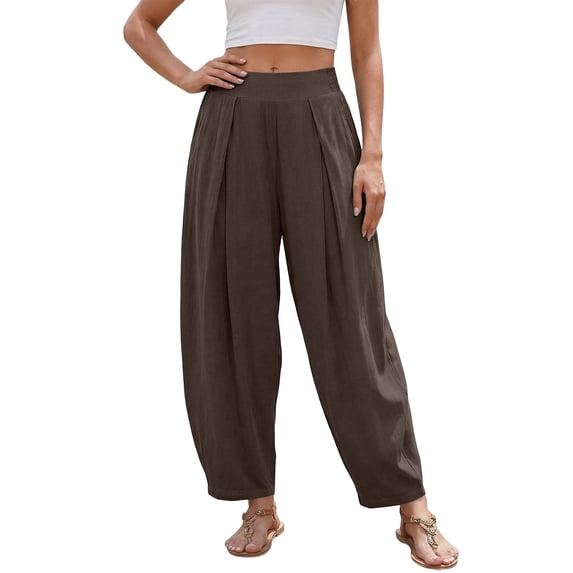 DHFJKG Womens Harem Pants Summer Casual Loose Fit Mid Rise Pleated Solid Color Tapered Pants With Pockets Lightweight Linen Soft Leisure Trousers