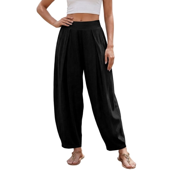 DHFJKG Womens Harem Pants Summer Casual Loose Fit Mid Rise Pleated Solid Color Tapered Pants With Pockets Lightweight Linen Soft Trendy Trousers