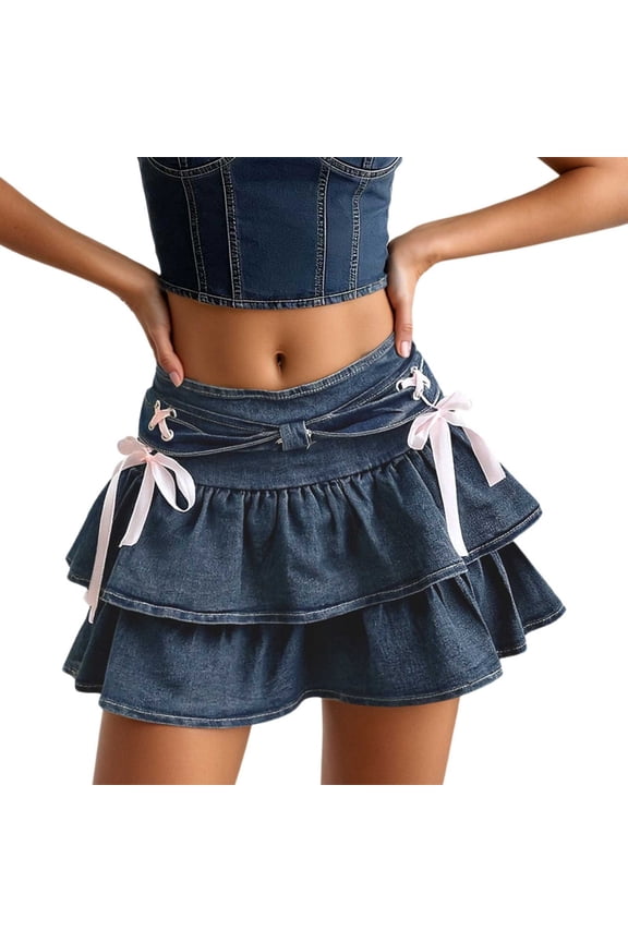 Womens High Waist Denim Mini Skirt Bow Flowy Pleated Flared Hem Cute Retro Y2K Clothes Trendy Skirt