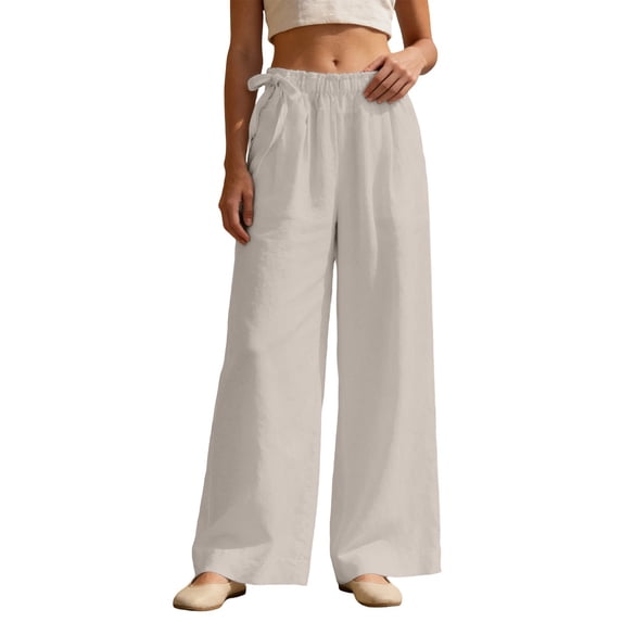 DHFJKG Womens High Waist Wide Leg Pants Summer Lightweight Elastic Waist Relaxed Fit Pleated Flowy Palazzo Beach Vacation Clothes Leisure Trousers