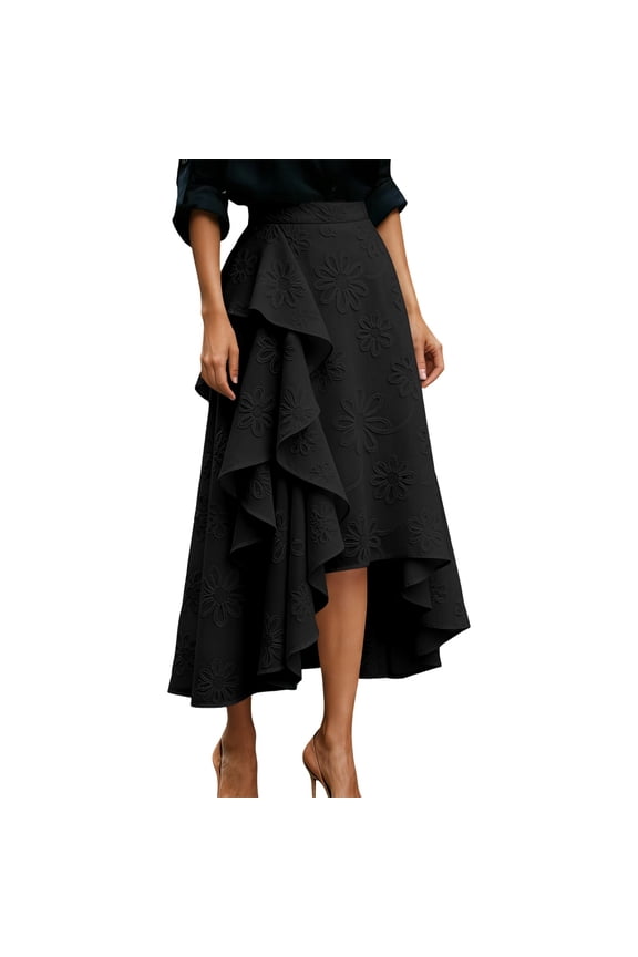 Womens High Waisted Skirts Dressy Summer Asymmetrical Ruffle Floral A Line Midi Skirts Versatile Skirt