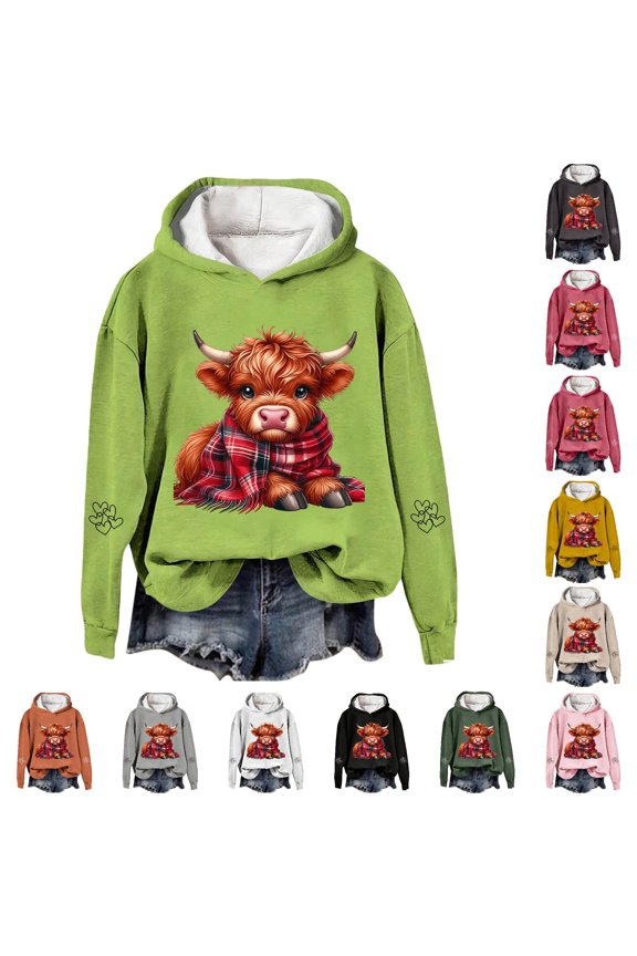 Womens Hoodies Cute Cow Print Sweatshirt Fuzzy Lining Long Sleeve Loose Fit Fall Winter Warm Pullover Tops