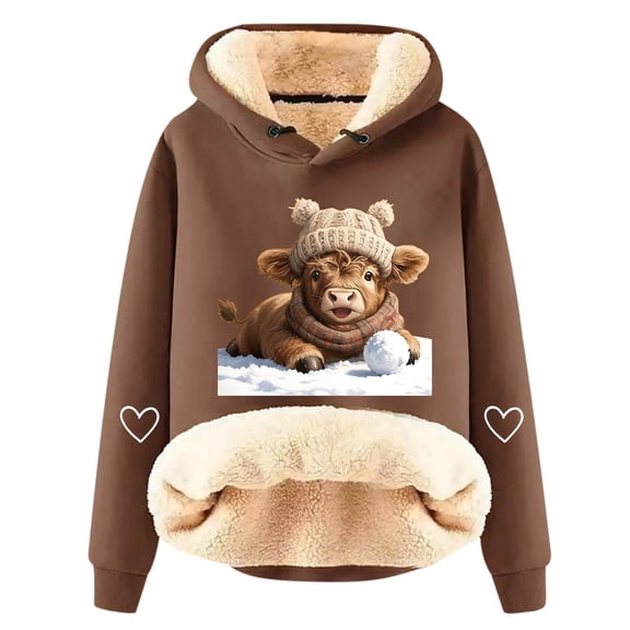 DHFJKG Womens Hoodies Thick Fuzzy Lining Cow Print Long Sleeve Hooded Pullover Warm Winter Insulated Sweatshirt With Cute Animal Graphic For Outdoor Daily Wear Soft Tops