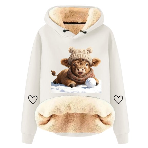 DHFJKG Womens Hoodies Thick Fuzzy Lining Cow Print Long Sleeve Hooded Pullover Warm Winter Insulated Sweatshirt With Cute Animal Graphic For Outdoor Daily Wear Soft Tops