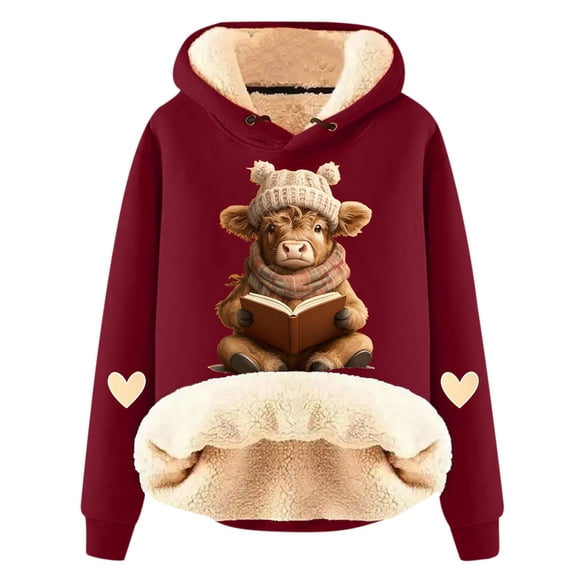 DHFJKG Womens Hoodies Thick Fuzzy Lining Cow Print Long Sleeve Hooded Pullover Warm Winter Insulated Sweatshirt With Cute Animal Graphic For Outdoor Daily Wear Soft Tops