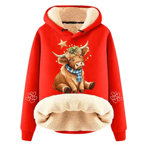 DHFJKG Womens Hoodies Thick Fuzzy Lining Cow Print Long Sleeve Hooded Pullover Warm Winter Insulated Sweatshirt With Cute Animal Graphic For Outdoor Daily Wear Soft Tops