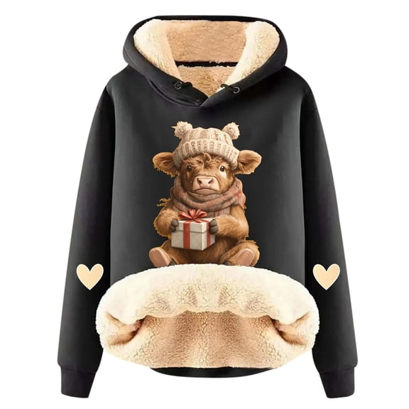 DHFJKG Womens Hoodies Thick Fuzzy Lining Cow Print Long Sleeve Hooded Pullover Warm Winter Insulated Sweatshirt With Cute Animal Graphic For Outdoor Daily Wear Soft Tops