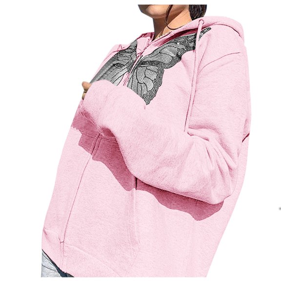DHFJKG Womens Hoodies Zip Up Jackets Loose Fit Butterfly Print Long Sleeve Hooded Drawstring Sweatshirts Coat With Pockets Cozy Outerwear