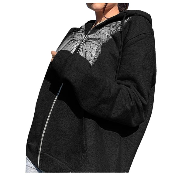 DHFJKG Womens Hoodies Zip Up Jackets Loose Fit Butterfly Print Long Sleeve Hooded Drawstring Sweatshirts Coat With Pockets Stylish Outerwear
