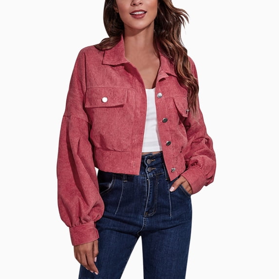 DHFJKG Womens Jackets Corduroy Crop Jacket Drop Shoulder Long Sleeve Collared Button Down Solid Color Shirt Autumn Winter Comfort Outerwear