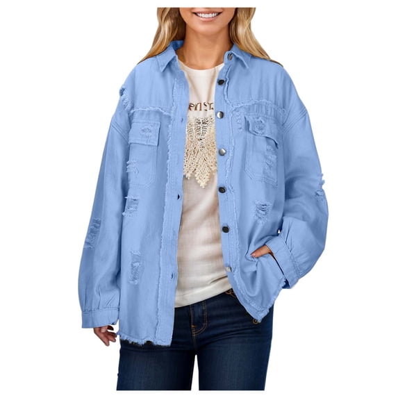 DHFJKG Womens Jackets Denim Jacket Distressed Ripped Solid Color Loose Fit Long Sleeve Button Down Casual Jean Coat Stylish Outerwear