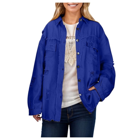 DHFJKG Womens Jackets Denim Jacket Distressed Ripped Solid Color Loose Fit Long Sleeve Button Down Casual Jean Coat Versatile Outerwear