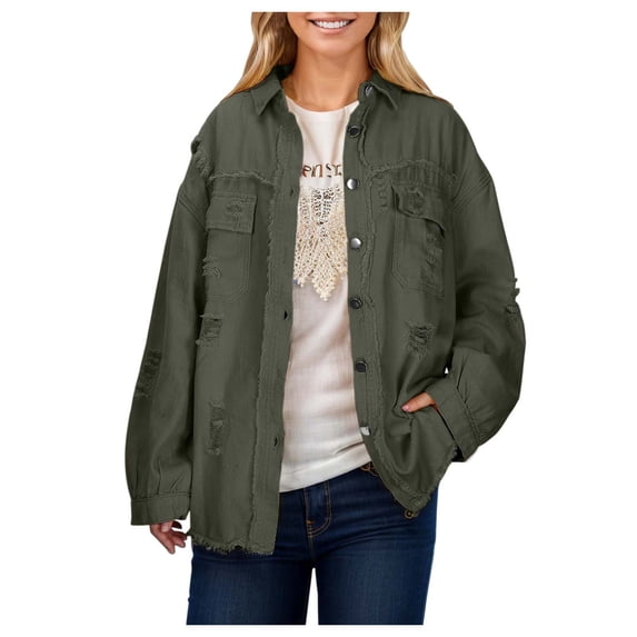 DHFJKG Womens Jackets Denim Jacket Distressed Ripped Solid Color Loose Fit Long Sleeve Button Down Casual Jean Coat Versatile Outerwear