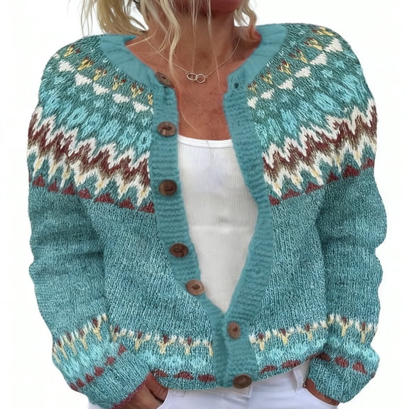 DHFJKG Womens Knit Cardigan Sweaters Fair Isle Jacquard Knit Coat Long Sleeve Button Down Warm Outwear Loose Fit Stylish Outerwear