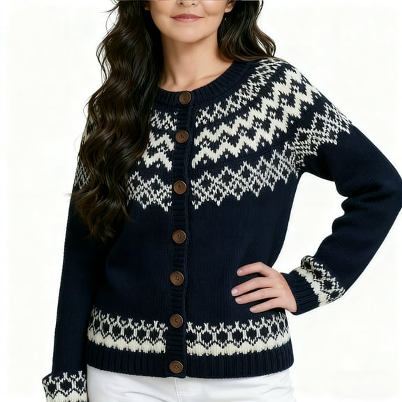 DHFJKG Womens Knit Cardigan Sweaters Fair Isle Retrp Jacquard Cropped Coat Long Sleeve Button Down Loose Fit Outwear Winter Insulated Versatile Outerwear