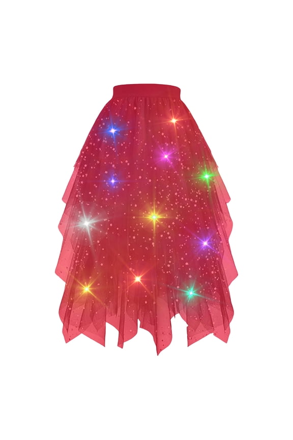Womens Light Up Tutus Skirt Glitter LED High Waist Flowy Midi Rave Party Tiered Asymmetrical Hem A Line Mesh Layered Trendy Skirt