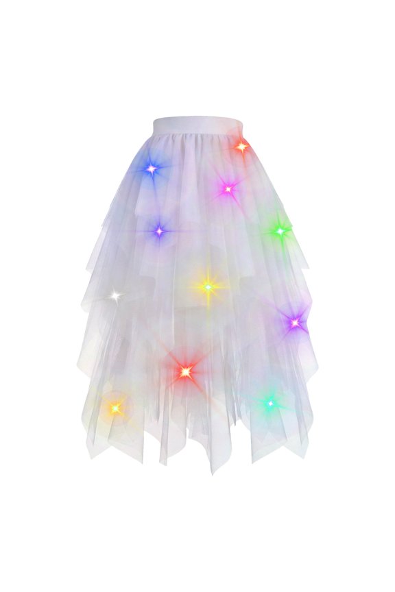 Womens Light Up Tutus Skirt LED High Waist Flowy Midi Rave Party Tiered Asymmetrical Hem A Line Mesh Layered Trendy Skirt
