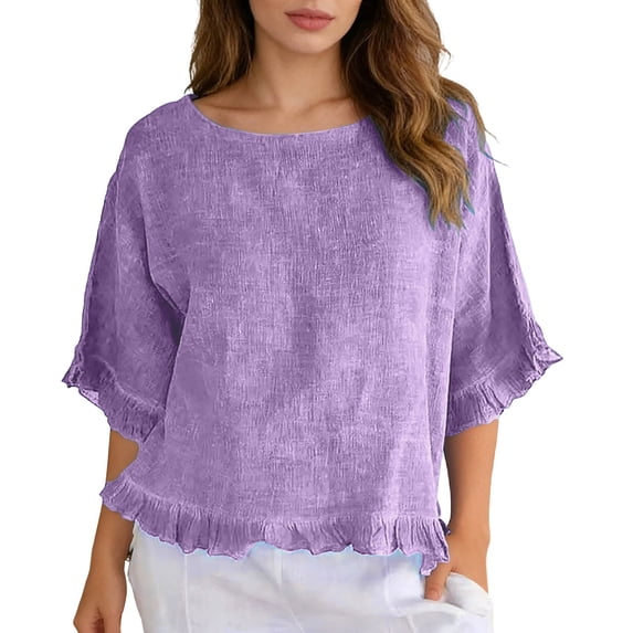 DHFJKG Womens Linen Shirts Casual Ruffle Trim Half Sleeve Crew Neck Solid Color Basic Tee Comfortable Summer Beach T Shirt Soft Tops