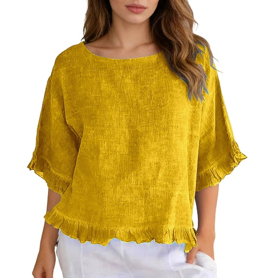 DHFJKG Womens Linen Shirts Casual Ruffle Trim Half Sleeve Crew Neck Solid Color Basic Tee Comfortable Summer Beach T Shirt Stylish Tops