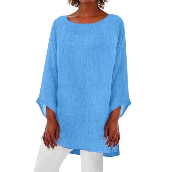DHFJKG Womens Linen T Shirt Casual Long Sleeve Crewneck Loose Fit Solid Color Tunic Basic Top Summer Casual Daily Wear Soft Tops